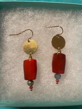 JBloom Gold Disk Drop Earrings with Red Beads
